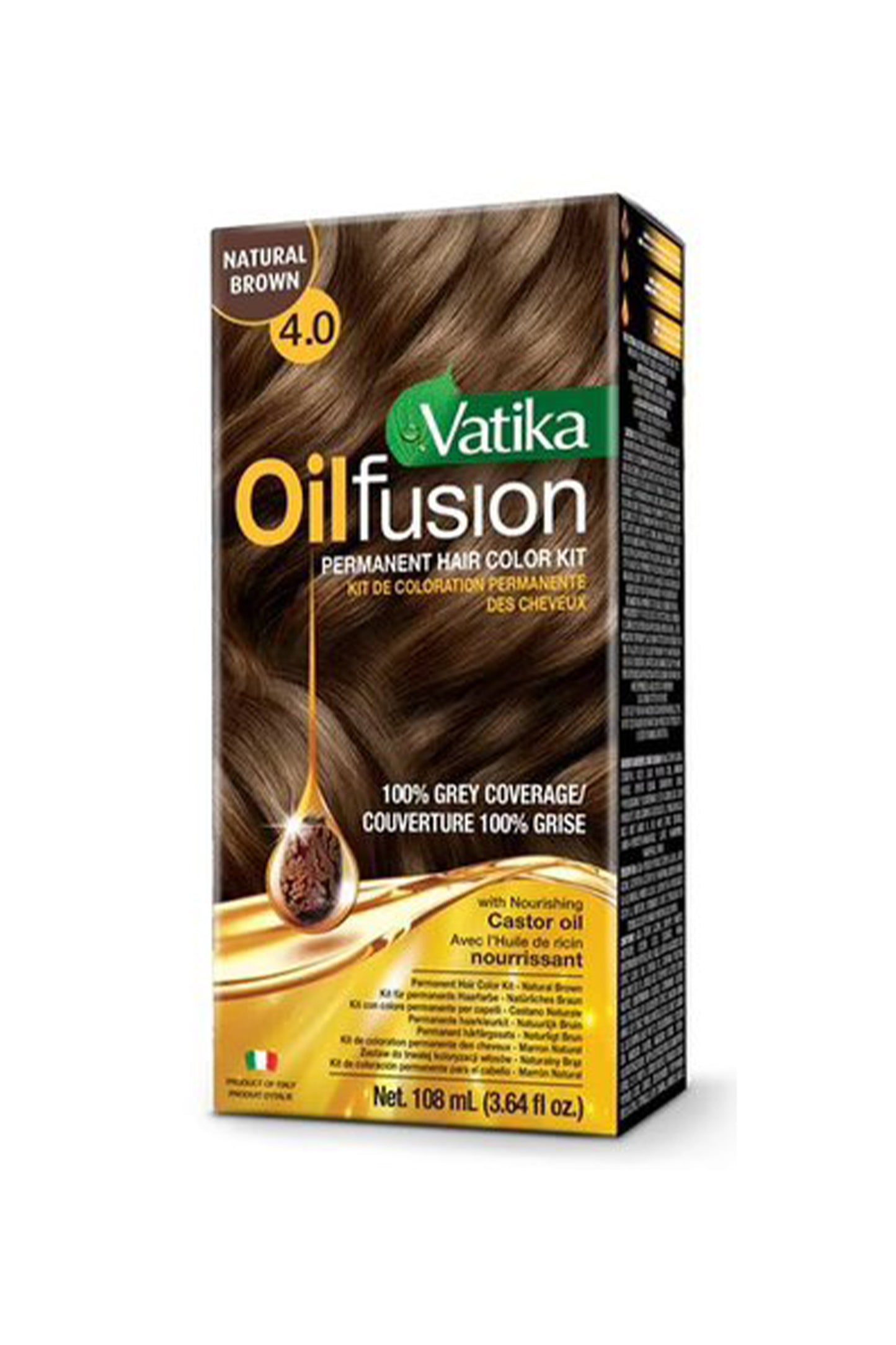 Dabur Vatika Oil Fusion Permanent Hair Color Kit 4.0 Natural Brown 108 Ml