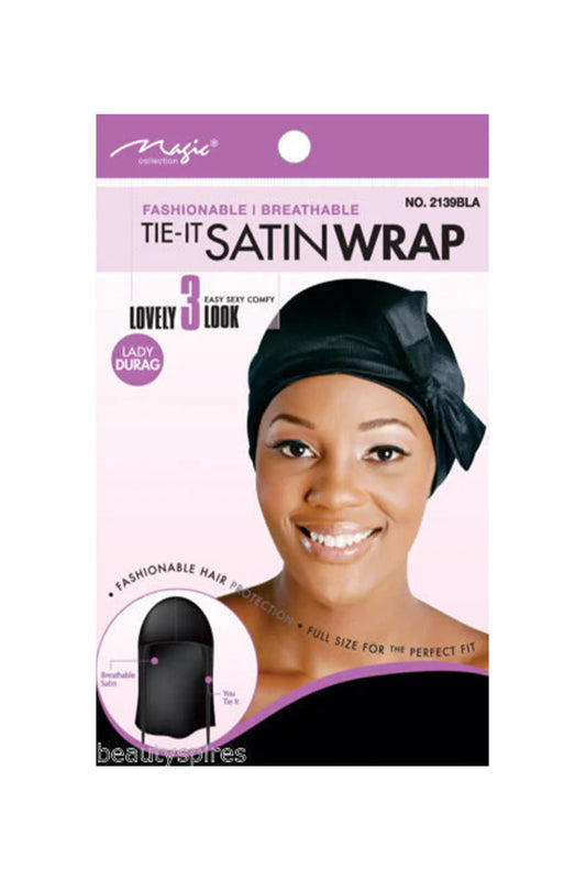Magic Collection Tie-It Satin Wrap Lady Durag Breathable #2139Bla