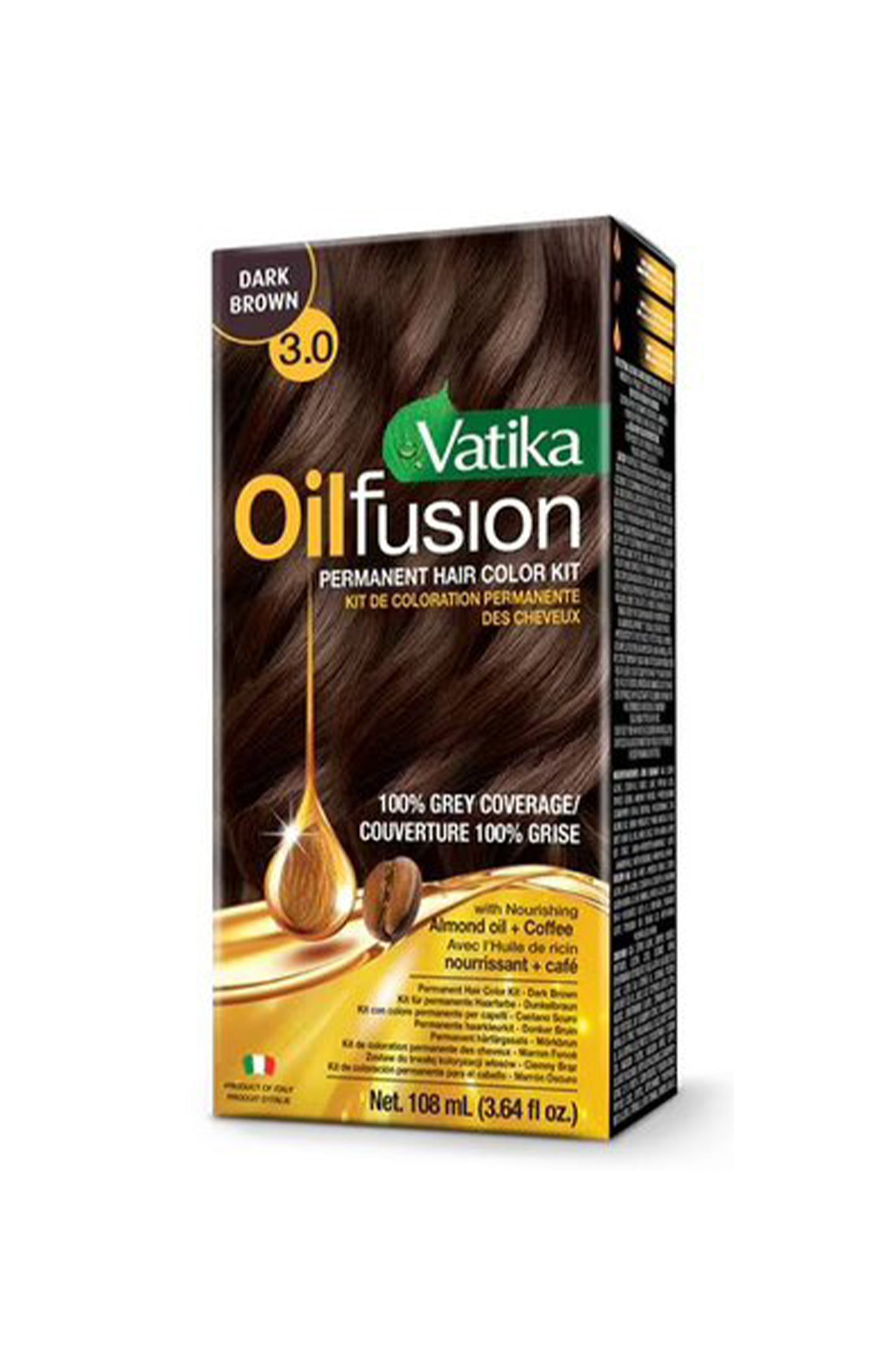 Dabur Vatika Oil Fusion Permanent Hair Color Kit 3.0 Dark Brown 108 Ml